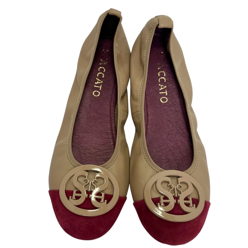 Staccato Women's Tan and Burgundy Ballet Flats w/Logo on Cap Toe- Size 23.5/ 7.5